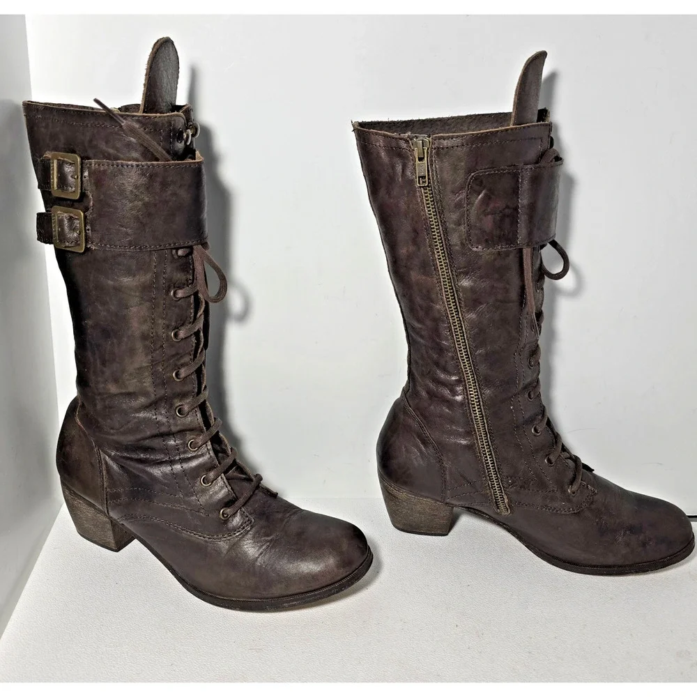 Red Or Dead Leather Steampunk Lace Up Zip Boots Made Spain EU 41 US 9.5-10 Brown